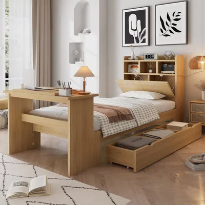 Produktbild von Jugendbett 90x200 cm mit Kopfteilregal, Schublade links/rechts montierbar, Klapptisch 12-fach bis 45°, Stauraum, Naturholzoptik