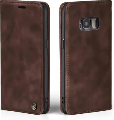 A brown flip case for a Samsung Galaxy S8 phone, shown from two angles.