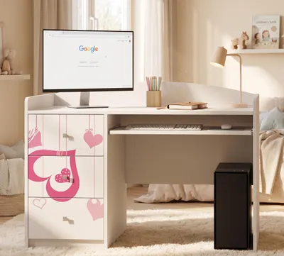 Produktbild von Schülerschreibtisch Weiß für Kinder mit Motiv, Jugendschreibtisch Hausaufgabentisch mit viel Stauraum, PC-Tisch für das Kinderzimmer, KI-generiertes Bild