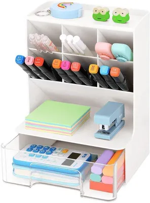 Image de Organiseur de bureau blanc avec 6 compartiments et un tiroir