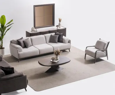 Produktbild von Moderner grauer Holzwohnzimmerset 5-teilig mit Sofa, Couchtisch