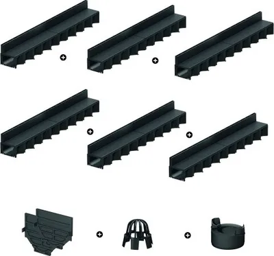 Produktbild von ACO 6er Schlitzrinnen Set mit Hexaline Kunstoff-Rinne schwarz inkl. Zubehörkit