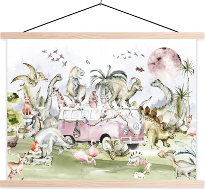 Produktbild von MuchoWow® Textilposter Dinosaurier - Kinder - Bus - Bäume - Tiere - Kinder 40x30 cm mit holzfarbenen Rahmen - Bilder