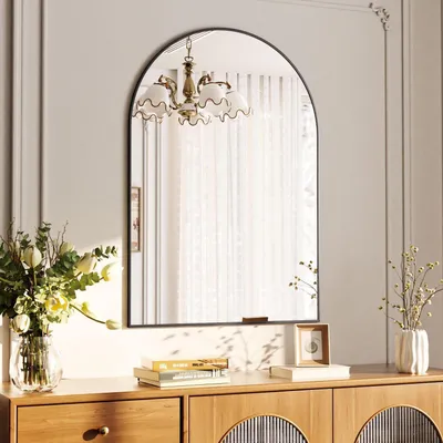 Immagine prodotto di Specchio da parete a forma di arco, 51 x 76 cm, cornice in alluminio, colore nero | Specchio a semicerchio per il bagno e per il trucco
