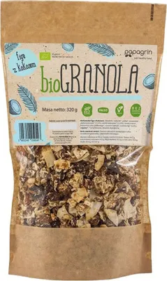 Zdjęcie produktu dla GRANOLA FIGA Z KOKOSEM BEZ DODATKU CUKRÓW BEZGLUTENOWA320 g - PAPAGRIN