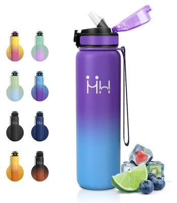 Produktbild von Trinkflasche Edelstahl 1L Thermosflasche mit Strohhalm BPA-frei Kohlensäuregeeignet Lila/Hellblau