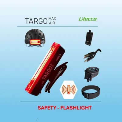 Produktbild von Sicherheitsleuchte  – Helm, Rucksack, Schulranzen, Kleidung - Litecco TARGO MAX AIR mit Blinklicht, Bremslicht Dauerlicht, aufladbar, Akku hält ca.10h