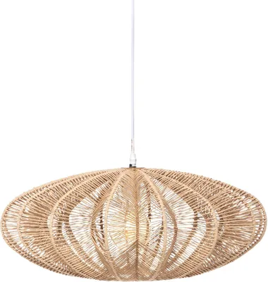 A pendant light fixture made of woven natural material.