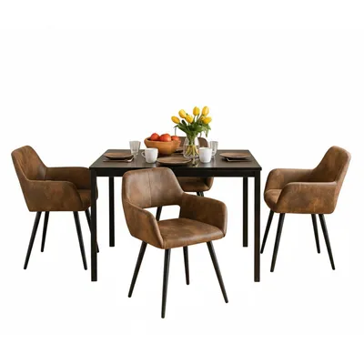 Productafbeelding van Meubles Cosy Schwarzes, uitbreidbare eethoekset met 4 fauteuils bekleed met imitatie suède, in Scandinavische stijl