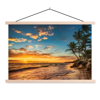 Produktbild von MuchoWow® Textilposter Strand - Sonnenuntergang - Meer - Palme 60x40 cm mit holzfarbenen Rahmen - Bilder