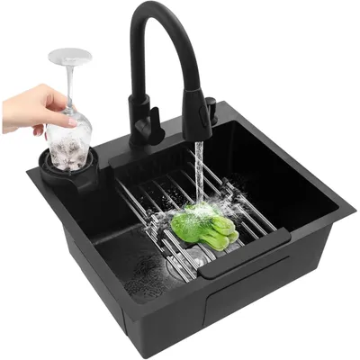 Immagine prodotto di Lavello da cucina - Vasca singola in acciaio inossidabile - Con miscelatore - Un foro per il miscelatore - Nero - 50 x 45 cm