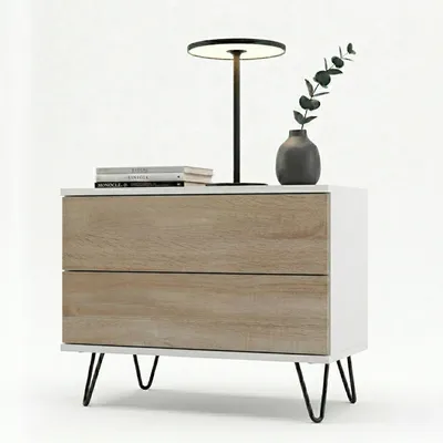 Produktbild von InnoFurn Nachttisch Aura, 2 Schubladen, Push-to-Open, Weiß matt/Eiche Sägerau, 60 x 43 x 35 cm