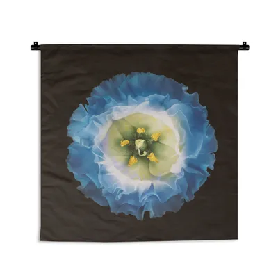 Produktbild von MuchoWow® Wandteppich Wandbehang Eine Nahaufnahme einer blauen Blume auf schwarzem Hintergrund 150x150 cm Tapisserie Dekoration Wandtuch - Wohnaccessoires - Modernes
