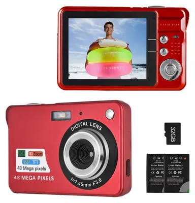 Obrázek produktu pro digitální fotoaparát 4K, videokamera, videokamera, 48 MP, 2,8" TFT displej, automatické ostření, 16x digitální zoom, funkce proti otřesům, detekce obličeje, nahrávání úsměvu, integrovaný blesk, se 2 bateriemi, 32 GB TF karta, festivalový vánoční dárek pro děti a mládež