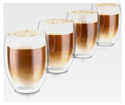 Produktbild von Doppelwandige Trinkgläser 350 ml - Latte Macchiato, Cappuccino, Tee - 4er Set - Thermogläser - spülmaschinen- und mikrowellengeeignet