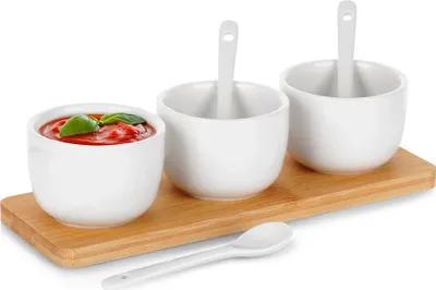 Produktbild von Schüsselset mit Löffeln auf einem Servierbrett für Saucen und Snacks 139687