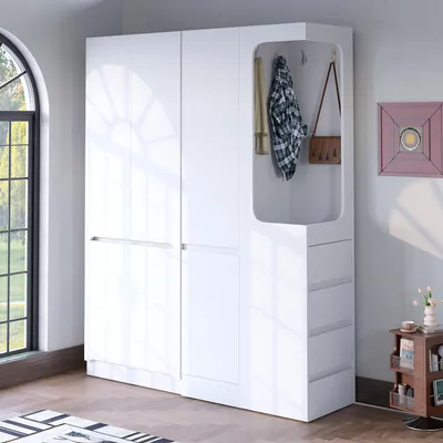 Produktbild von okwish Kleiderschrank mit Schubladen und offenen Fächern, Eckkleiderschränke,Viel Stauraum,Drehtürenschränke,Weiß