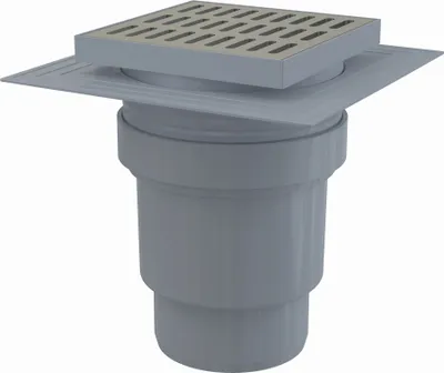 Produktbild von AlcaDrain Bodenablauf 150×150/110 mm mit einem senkrechten Abgang, Edelstahl Rost, Manschette-2. Abdichtung, Geruchsverschluss mit Sperrwasser