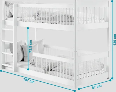 Produktbild von Kinderbett Hochbett Etagenbett 80x180 | 90x190 | 90x200 cm, mit abgerundeten Kanten und umbaubar zu 2 Betten​ 80x180 cm von 3. bis 12. Lebensjahr, Weiß​