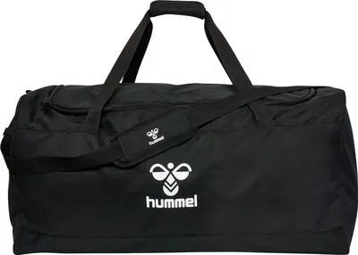A black duffel bag with the Hummel logo and name printed on it.