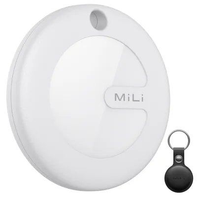 A white round smart geo tag with a black leather keychain accessory.