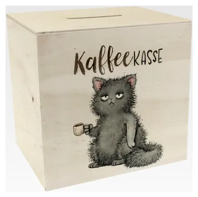 Produktbild von Spardose Katze mit Tasse aus Holz mit Spruch Kaffeekasse für Katzenbesitzer