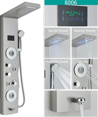 Obrázok produktu pre LED vaňová sprchová batéria, digitálny ukazovateľ teploty, multifunkčné možnosti sprchovania, kartáčovaná 8006