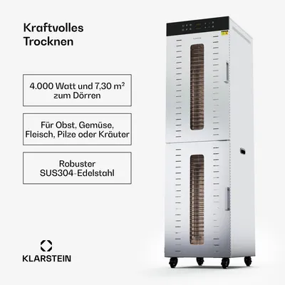 A white dryer with text boxes describing its features and a logo.