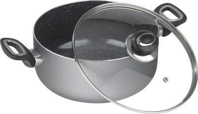 A gray aluminum pot with a speckled black interior and a clear glass lid with a black handle is shown on a white background.