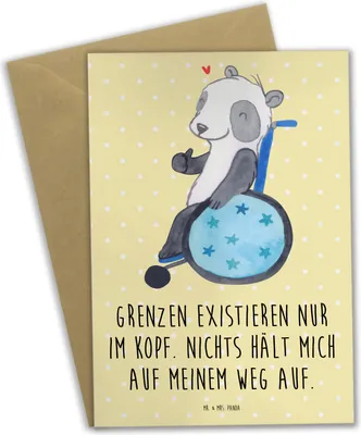 Produktbild von Mr. & Mrs. Panda Klappkarte Panda Rollstuhl - Gelb Pastell - Geschenk, babykarte, osterkarten, einladungskarten, Glückwunschkarte, weihnachtskarten, hochzeitskarten