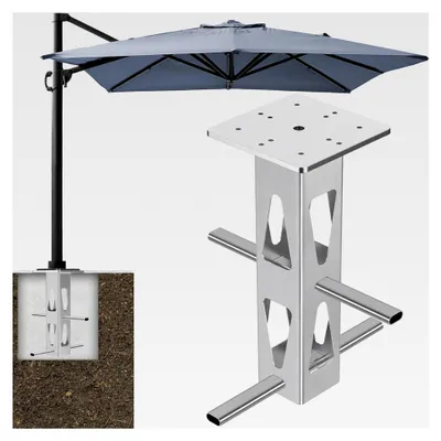 Produktbild von Bodenplatte für Sonnenschirmhalter, Terrassenschirm Bodenhülse zum Einbetonieren, Wäschespinne Bodenhalterung, Schirmständer für Ampelschirme, Beton mit 2 Rohren für den Außenbereich Garten Hof Balkon