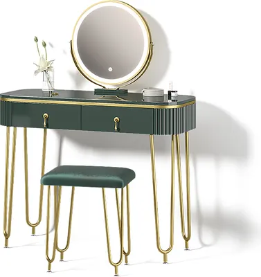 Produktbild von Schminktisch Livinity Isonca Dunkelgrün Hochglanz mit LED Beleuchtung und Hocker, Model 52397