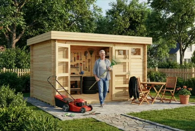 Produktbild von Alpholz Gartenhaus Set Leandro-28 Naturbelassen 394x268cm inkl. Dacheindeckung und Fußboden