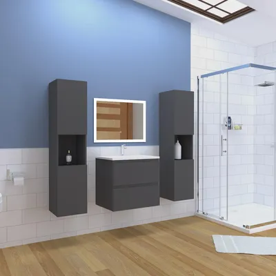 Image de Acezanble Ensemble de meubles de salle de bain 79cm avec vasque en céramique  + deux meubles hauts + miroir lumineux,Suspendu,Matte,Anthracit