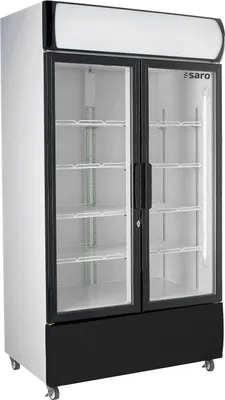 A commercial refrigerator with glass doors and a lighted advertising panel at the top.