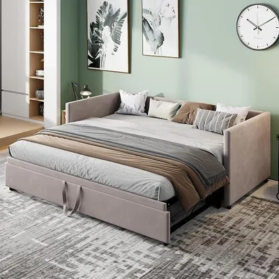 Obrázek produktu pro Rozkládací pohovka 90/180x200 cm, rozkládací polohovací lůžko s roštem | Multifunkční postel z příjemné sametové látky, postel pro mládež, rám postele, pohovka, jednolůžko, bez matrace, šedá barva
