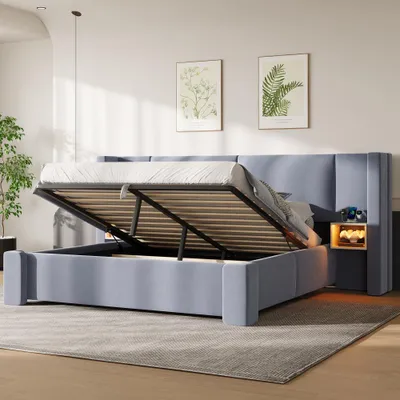 Image de Lit avec coffre intégré à mécanisme hydraulique, éclairage LED, rangements et tête de lit rembourrée, en lin, de couleur grise, dimensions 180x200 cm