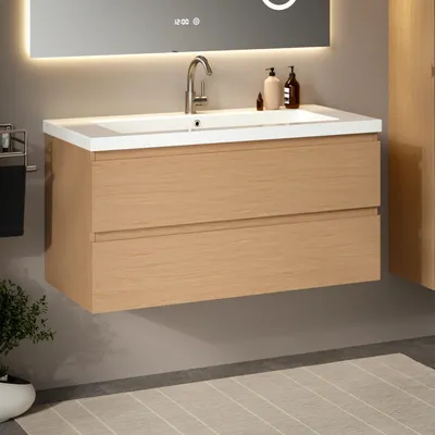 Produktbild von Mirlux Badezimmermöbel-Set Helle Eiche 100 cm – Weißes Waschbecken – Badezimmermöbel-Set – Waschtisch aus Helle Eiche
