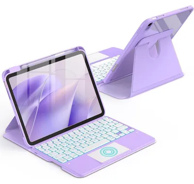 Image de Coque rotative avec clavier pour iPad 11e/10e génération, modèle 11/10,9 pouces, couleur violet clair, avec pavé tactile et éclairage à 7 couleurs