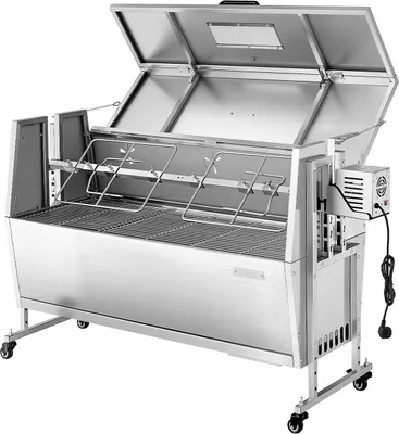 Obrázek produktu pro Gril s rožněm, 38W BBQ venkovní rožeň na vepřové a jehněčí maso, rožeň na dřevěné uhlí s kapacitou 60 kg, kolečka a 4 úrovně výšky, nerezová elektrická sada grilu s rožněm pro kempování venku