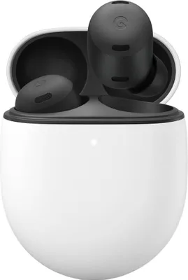 A pair of black Google Pixel Buds Pro wireless earbuds are shown inside their white charging case.