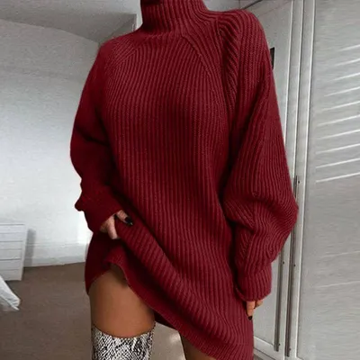 Produktbild von Grobstrickpulloverkleid, trendiges Pulloverkleid Winterpullover mit Fledermausärmeln für Damen, Rot, S