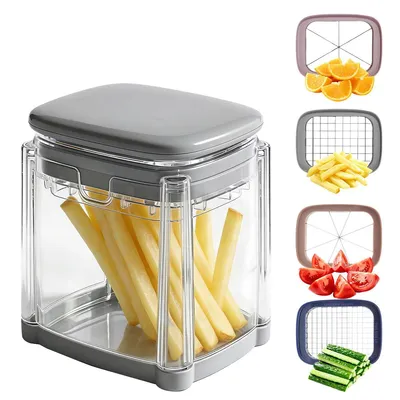 Produktbild von Grauer 4-in-1-Pommes-Schneider, kann Kartoffeln, Äpfel und Gemüse schneiden, kann auch Karotten, Gurken, Zwiebeln und Tomaten würfeln