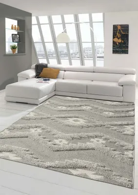 Imagen del producto de Alfombra de sisal para interior y exterior, ideal para salones o invernaderos, con diseño oriental a rayas y motivos de diamantes, con un efecto suave y texturizado en color gris. Tamaño: 200 x 290 cm