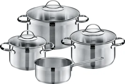 Produktbild von Silit Achat Topfset 4-teilig, Töpfe mit Glasdeckel, Induktionstöpfe, Edelstahl poliert, Induktion, unbeschichtet, backofengeeignet