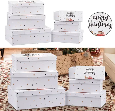 Produktbild von Boxenset 6tlg "Merry Christmas" weiß/schwarz Weihnachtsgeschenke Geschenkboxen Tannenbaum Rentier Schachteln Boxen Verpackung