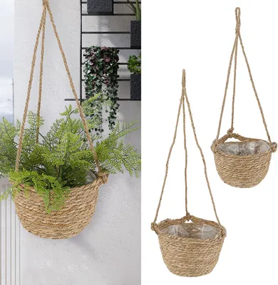 Produktbild von 2x Pflanzkorb zum Aufhängen S:Ø22x15cm; M:Ø25x18cm Kunstofffolien-Inlay Korbset Rohrkolbengras Hängekorb Korb