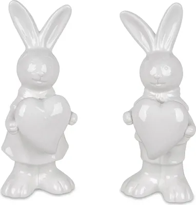 Produktbild von 2er Set Dekofiguren Hasen mit Herz H. 15cm weiß aus Porzellan Formano F25
