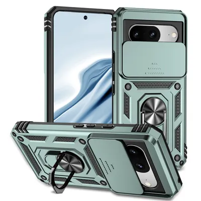 Immagine prodotto di Custodia per Google Pixel 8 a doppio strato con copertura scorrevole della fotocamera e supporto ad anello verde