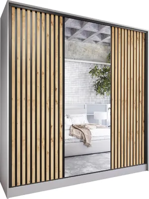 Produktbild von Schiebeschrank mit Spiegel und Schubladen LIPI D 200 grau / wotan eiche / schwarz